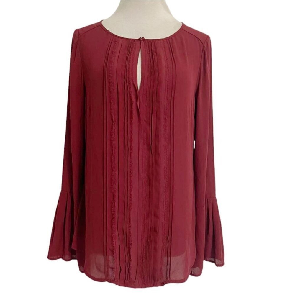 White House Black Market Size 10 Top Blouse Burgundy Bell Long Sleeve Career
